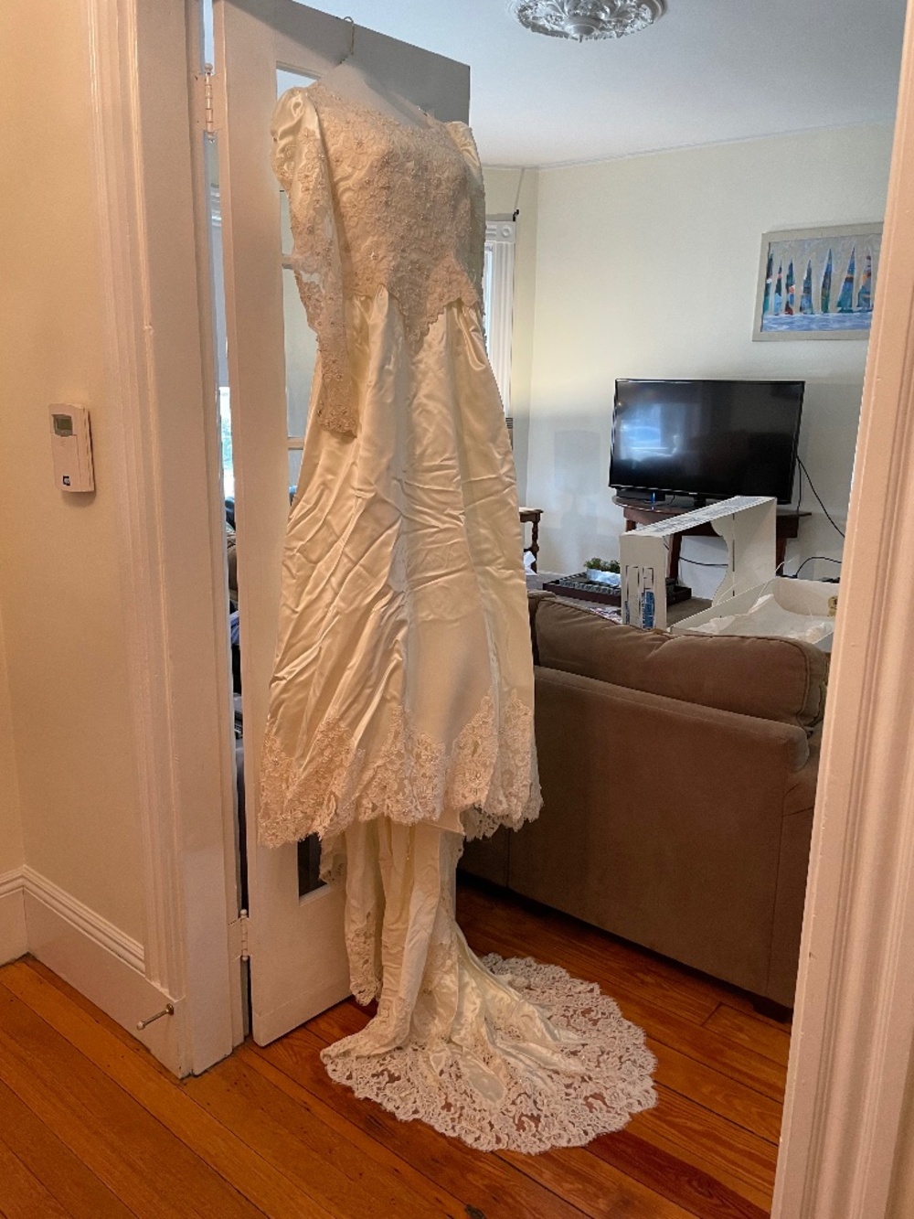 La Reine bridal shop in Boston. Ivory Satin vintage wedding gown & veil